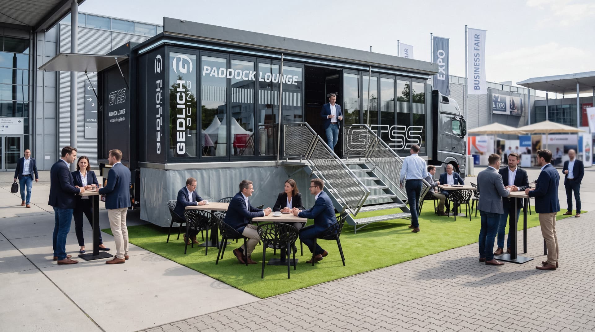 Konzeptvisualisierung eines möglichen Showtruck-Einsatzes der Rolling Lounge auf einer Messe mit Außenbereich und Business-Setting